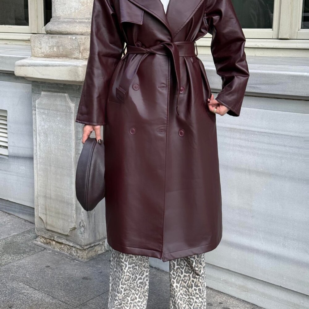 Burgundy Plato Faux Leather Buckle Trench Coat - Picture 7 of 11